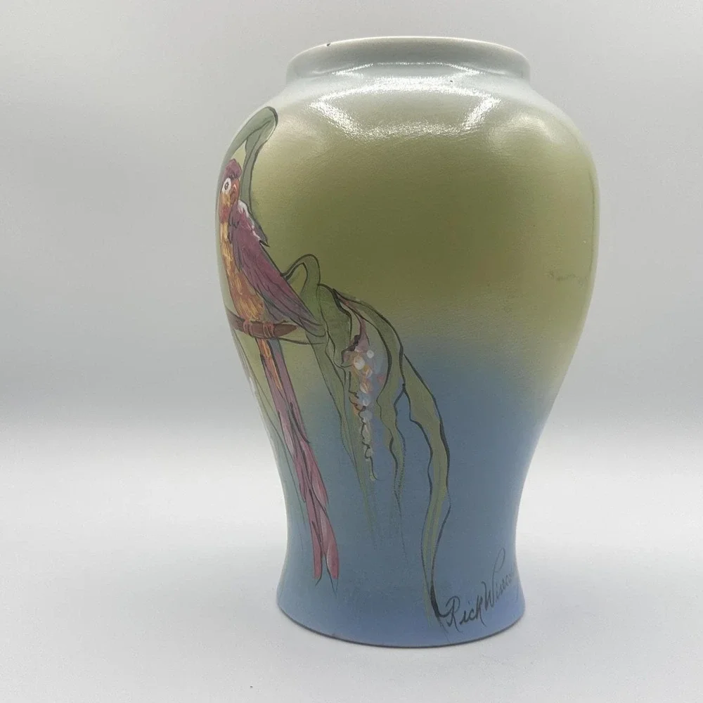 Rick Wisecarver Handcrafted Tropical Bird Ceramic Vase 1982 Green Blue 10in